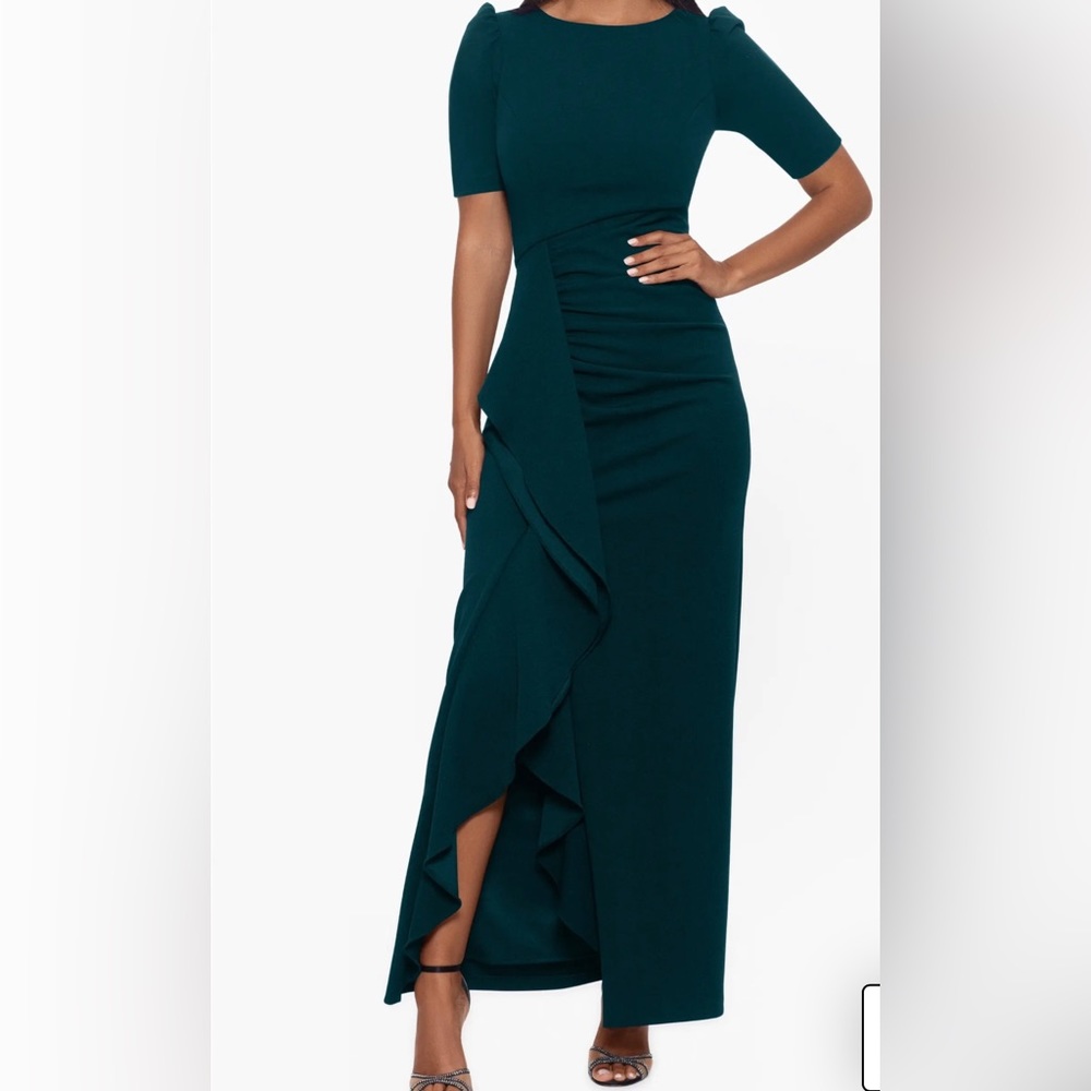 Scuba Crepe Ruffle Gown - Pine/Emerald Green